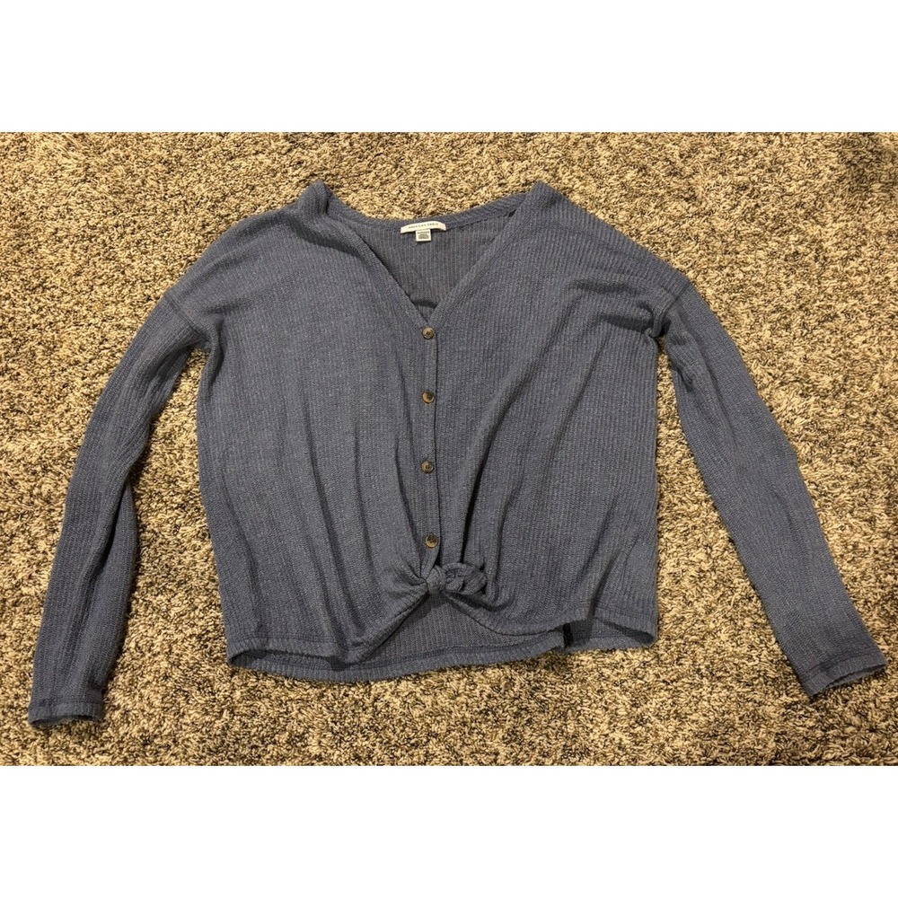 American Eagle Blue Tie Front Button V-Neck Cable Knit Sweater Womens XS